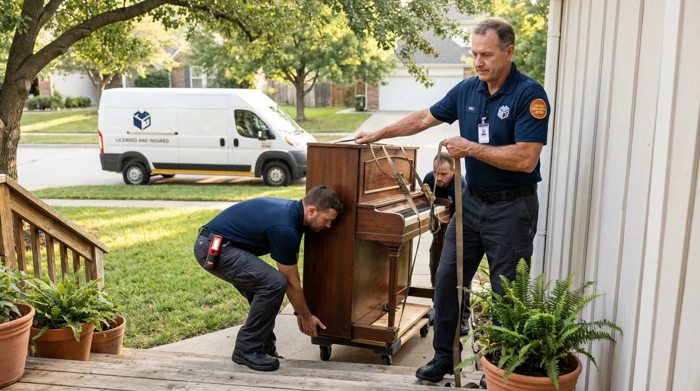 Licensed piano movers securing grand piano in Springfield, MA