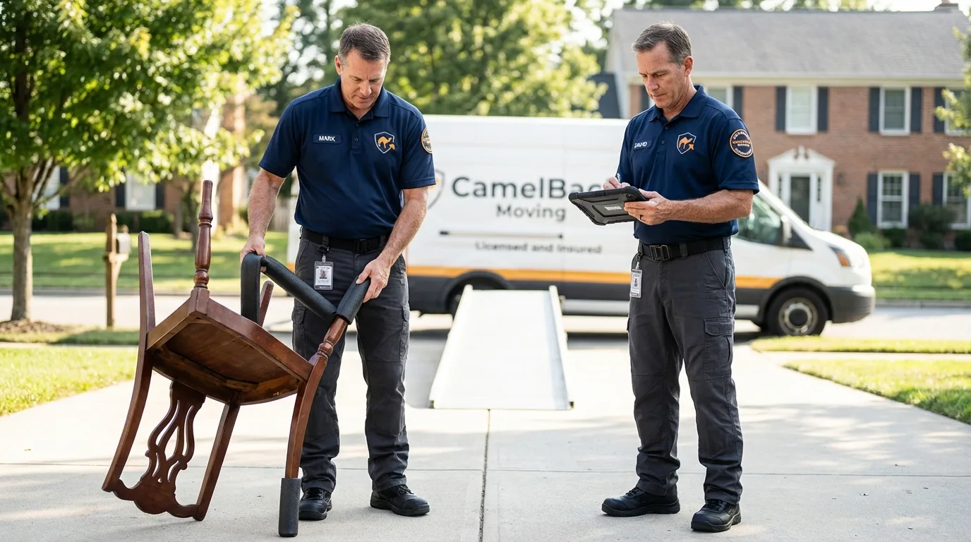 Movers inspecting furniture for damage prevention before loading in Springfield, MA
