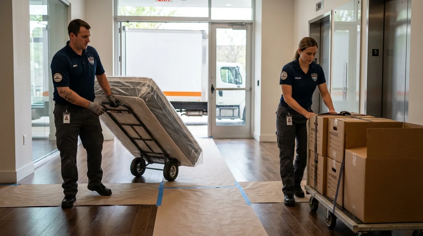 Professional apartment movers loading elevator in Springfield, MA